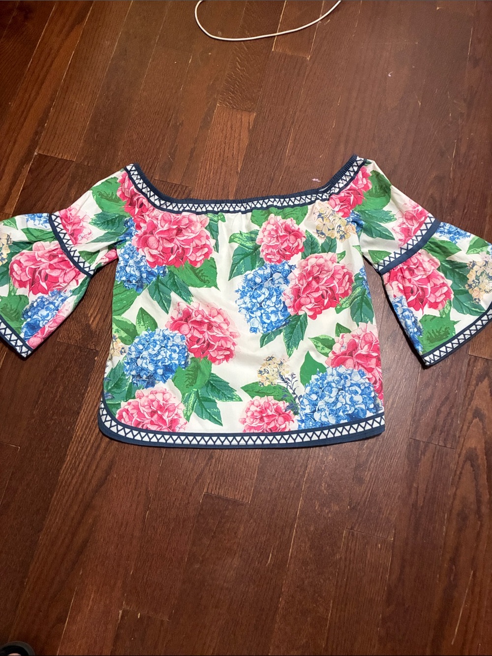Jealous Tomato White Off-Shoulder Crop Top with Pink & Blue Floral Print